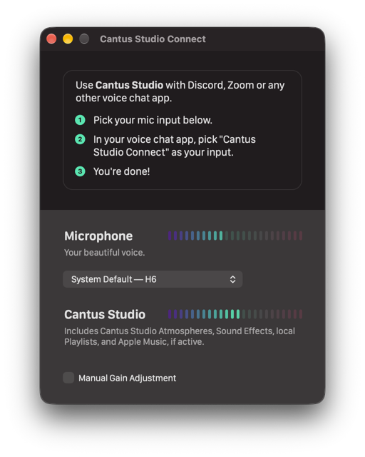 Cantus Studio Connect showing microphone and Cantus Studio audio controls